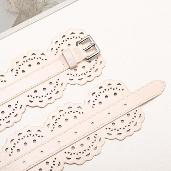 Women\'s Wide Dresses Chunky Thick Leather Waist Prong Buckle Belts Silver Beige main image 4